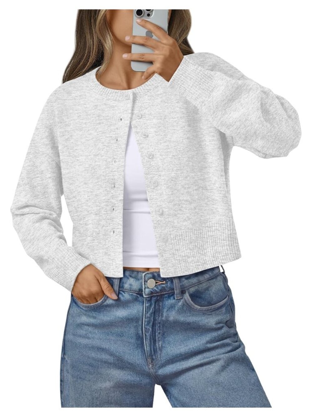 Womens Lightweight Cropped Knit Button Cardigan Crew Neck Drop Shoulder